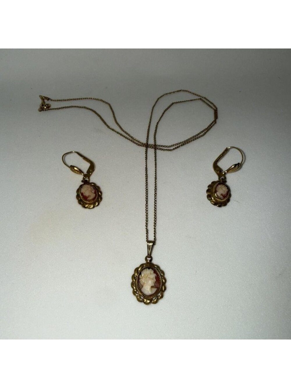 Vintage Cameo Drop Earrings And Necklace GES Germany 14k Gold Fill Set